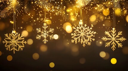 Wall Mural - Christmas and New Year banner with golden snowflakes and soft bokeh lights. Web banners, holiday cards, seasonal advertisements