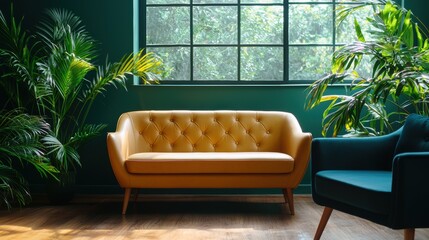 Wall Mural - Stylish Yellow Couch Surrounded by Lush Greenery in Bright Room