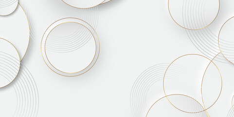 Poster - Luxury elegant white background with gold ornament. Modern abstract light silver background vector. Abstract 3D circle layer white background with gold line effect for presentation design.	