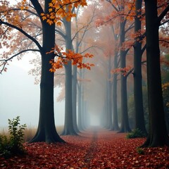 Wall Mural - autumn fog clings to tree trunks and branches, mystery, gloom