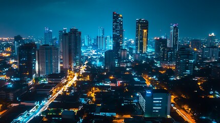 Night cityscape of Manila, Philippines. Concept of urban development and modern city life.