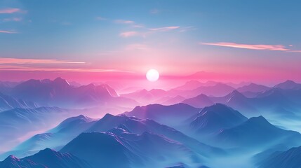 Wall Mural - Pink and blue sunset over misty mountains.