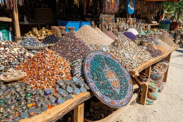 Wall Mural - A detailed shot of a traditional Hmong headdress resting on a wooden table, surrounded by beads, coins, and embroidery tools