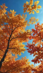 Wall Mural - dense foliage of autumn leaves against a bright blue sky , serene scene, tree branches, lichen
