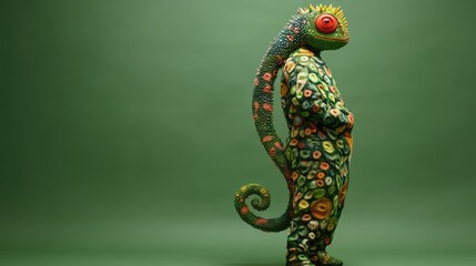 Poster - Colorful Chameleon Figure with Vibrant Patterns on Green Background