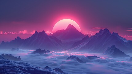 Wall Mural - Pink sunset over misty mountains.