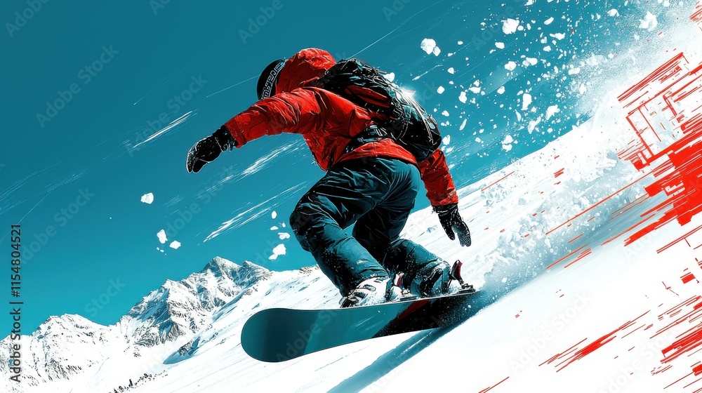 Conquering the Winter Peak - Brave Snowboarder Ascending Steep Snowy Slope with Majestic Mountain Scenery in Background