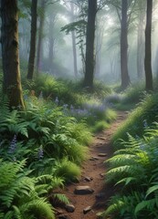Wall Mural - misty morning scene with bluebells and ferns peeking through the undergrowth , greenery, undergrowth