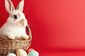 Wall Mural - A fluffy white rabbit rests in a woven basket surrounded by colorful Easter eggs, set against a vibrant red backdrop, symbolizing joy and togetherness during the festive Easter season