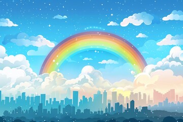 Wall Mural - Rainbow over cityscape, dreamy sky.