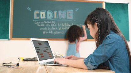 Poster - girl writing engineering prompt by using ai software or programing system to generate ai on table wi