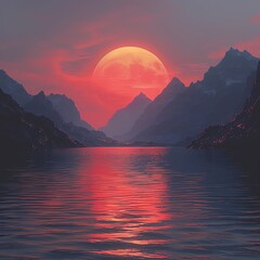 Wall Mural - Red moonrise over calm lake and mountains.