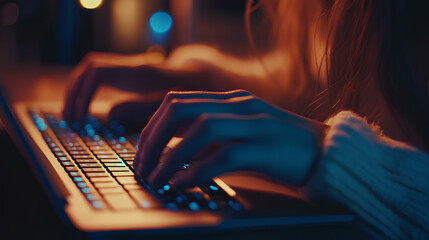 Poster - Close up, woman hand typing on laptop computer keyboard. Business woman online working on laptop computer, surfing the internet, searching the information at home office, e-learning
