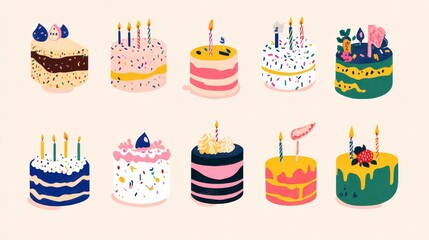Fototapete - 8.A set of colorful birthday cakes in vector illustration style, each with unique designs such as layers, candles, sprinkles, and different frosting patterns, on a light background; perfect for