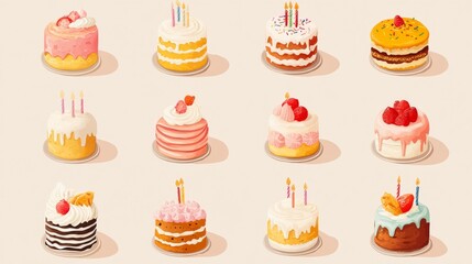 Fototapete - 8.A set of colorful birthday cakes in vector illustration style, each with unique designs such as layers, candles, sprinkles, and different frosting patterns, on a light background; perfect for