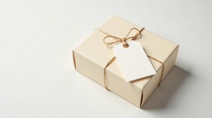 A simply wrapped gift box with a blank tag, ready for a personal message or a thoughtful inscription.