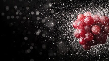 Poster - A single grape explodes in mid-air, sending droplets of juice and fragments outward. The stark black background enhances the vibrant details, creating a striking visual