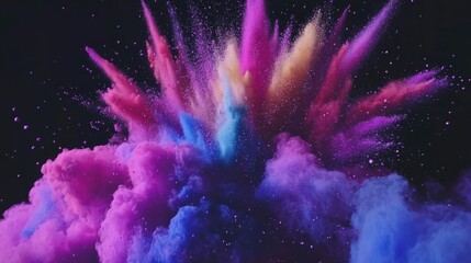 Poster - Colorful powder bursts in mid-air, creating a dynamic display against a deep black background, perfect for conveying energy and vibrancy
