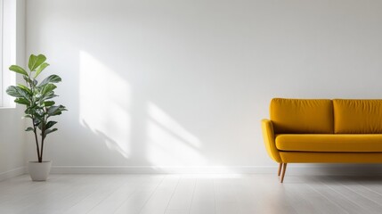 Poster - Stylish mustard yellow mid-century sofa with clean lines and tapered legs highlighted in a minimalist white room alongside a small potted plant