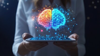 Poster - Woman Holding Tablet in Modern Setting with Vivid Brain Graphic