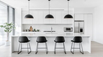 Leinwandbilder - This kitchen boasts white cabinetry and stainless steel appliances, featuring a spacious island perfect for gatherings and enhanced by abundant natural light