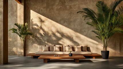 Poster - This cozy living room showcases a wooden couch with beige cushions, a modern coffee table, and a tall potted plant, all illuminated by warm, inviting light
