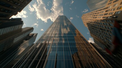 Aufkleber - Wide-angle view of a skyscraper showcasing blue-tinted glass that mirrors clouds and the sky, surrounded by a vibrant urban skyline at midday