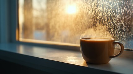Poster - Intricate ice patterns decorate a frosty window, with soft sunlight illuminating a cup of steaming cocoa resting on the windowsill, creating a cozy atmosphere