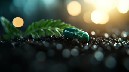 Poster - A transparent green capsule rests on a large fern leaf, set against moist soil, illuminated by gentle morning light, creating a serene and natural ambiance