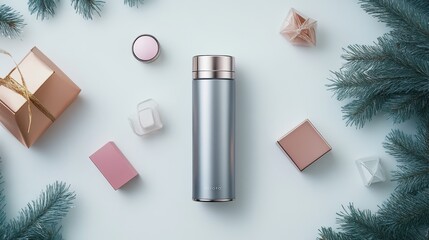 Aufkleber - A futuristic-looking supplement capsule with metallic textures rests on a clean white surface, surrounded by tech-inspired props, creating a minimalist aesthetic