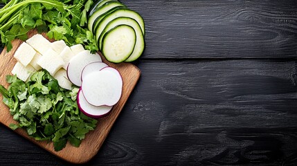 Poster - Overhead shot displays a curated selection of black and white vegetables, including sliced eggplant and white radish, artistically arranged on a wooden backdrop