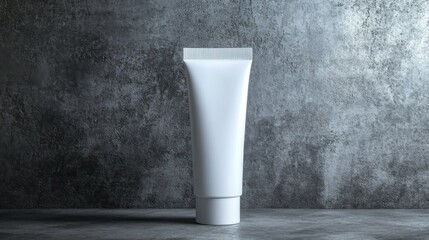 Leinwandbilder - Single white cosmetic tube stands upright on a textured gray surface, illuminated by soft studio lighting, enhancing its minimalistic design in an ideal composition