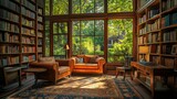 A cozy living room with a large window and a couch. The room is filled with bookshelves and a table. Scene is warm and inviting, with the sunlight streaming in through the window