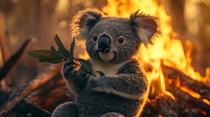 Wall Mural - Stuffed koala holding a eucalyptus leaf isolated on bonfire background