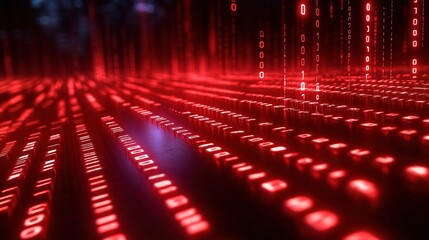 Poster - Flowing Binary Data Waves on Dark Background with Vibrant Red Colors