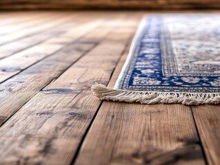 Poster - A close-up reveals a modern Persian rug with intricate blue and white designs laid on polished wooden flooring, featuring a softly curling fringe for texture