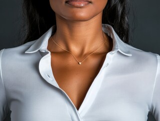 Poster - A woman showcases a delicate gold pendant necklace with a plain white shirt, softly focused background, and ample copy space for text or branding purposes