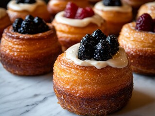 Poster - Close-up view of assorted cronuts filled with rich creams and jams on a marble countertop, highlighting their intricate layers and appetizing appeal