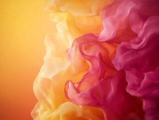 Leinwandbilder - Translucent red and yellow fabric flows gracefully, layered with delicate leaf patterns, creating a dynamic visual against a softly gradient backdrop