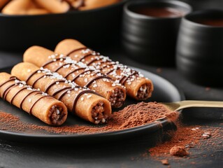 Poster - Close-up of a delicious cannoli drizzled with dark chocolate and sprinkled with sea salt, showcasing its rich textures and inviting flavors, perfect for dessert lovers