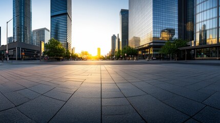 Poster - High-angle view captures a vibrant city intersection at golden hour, with skyscrapers reflecting sunset hues and streets bathed in warm, diffused light