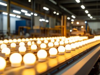 Poster - A high-angle view captures glowing light bulbs neatly arranged on a conveyor belt, with blurred factory equipment showcasing the efficiency of industrial production