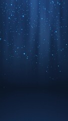 Poster - Blue glowing circles particles falling in the air and light rays at the top middle of a cyc wall background, vertical composition. Loop animation footage for graphic design.