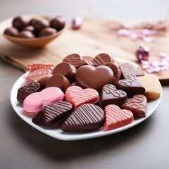 Wall Mural - Plate of Chocolate Heart-shaped Candies for Valentine's Day