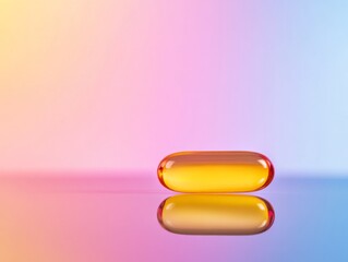 Poster - A single translucent yellow capsule is positioned on a soft pastel gradient backdrop, showcasing light reflections that enhance its vibrant appearance