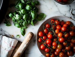 Poster - A marble countertop displays an artistic arrangement of cherry tomatoes, fresh basil, and a rolling pin beside a skillet, perfect for culinary inspiration