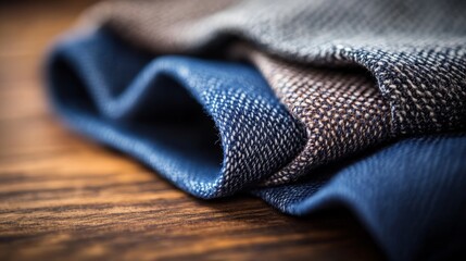 Poster - Single folded pair of denim jeans reveals intricate stitching and distressed details, illuminated by soft natural light on a rustic wooden background
