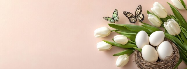 Wall Mural - A serene and picturesque Easter scene featuring delicate white tulips, beautifully arranged colorful eggs in a cozy nest, and playful butterflies, all set against a calming soft pastel backdrop