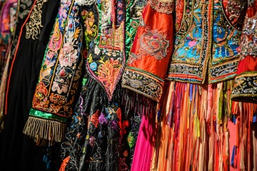 Wall Mural - Elaborately designed festival costumes reflect cultural essence and celebration, exuding artistry and making them perfect for highlighting traditional elegance.