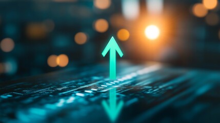 Fototapete - A bright green arrow illuminates a sleek digital screen, pointing upwards amidst a dark, futuristic backdrop featuring subtle geometric designs and ample copy space
